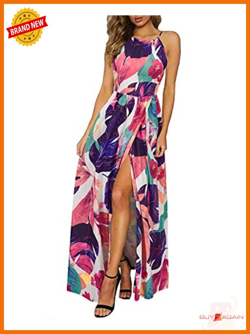 Women's Floral Halter Maxi Dress Split Hem Pockets Beach Vacation